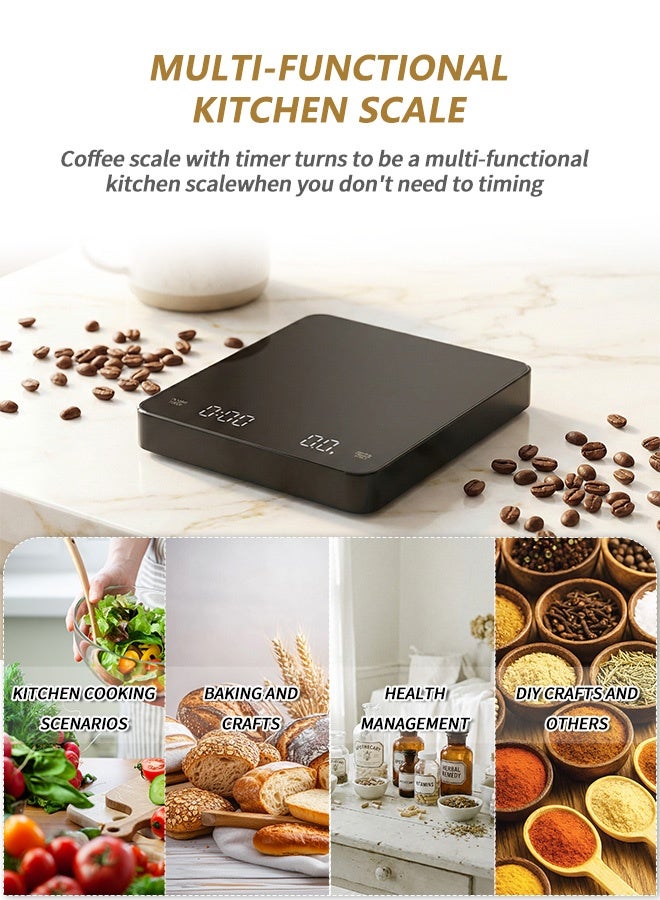 BASILKIT Digital Kitchen Scale Rechargeable， Coffee Scale with Timer - Digital Multifunction Weighing Scale with 3kg/0.1g High Precision - Pour Over Drip - Espresso Scale with Bright LCD Display,with Silicone Non-slip Pad,Black - Image 3